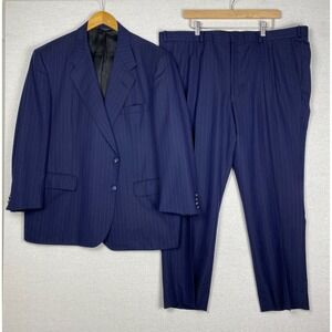 2 Piece Suit Mens 50R 42x28 Vintage Navy Pinstripe Wool Bespoke USA Made Dandy